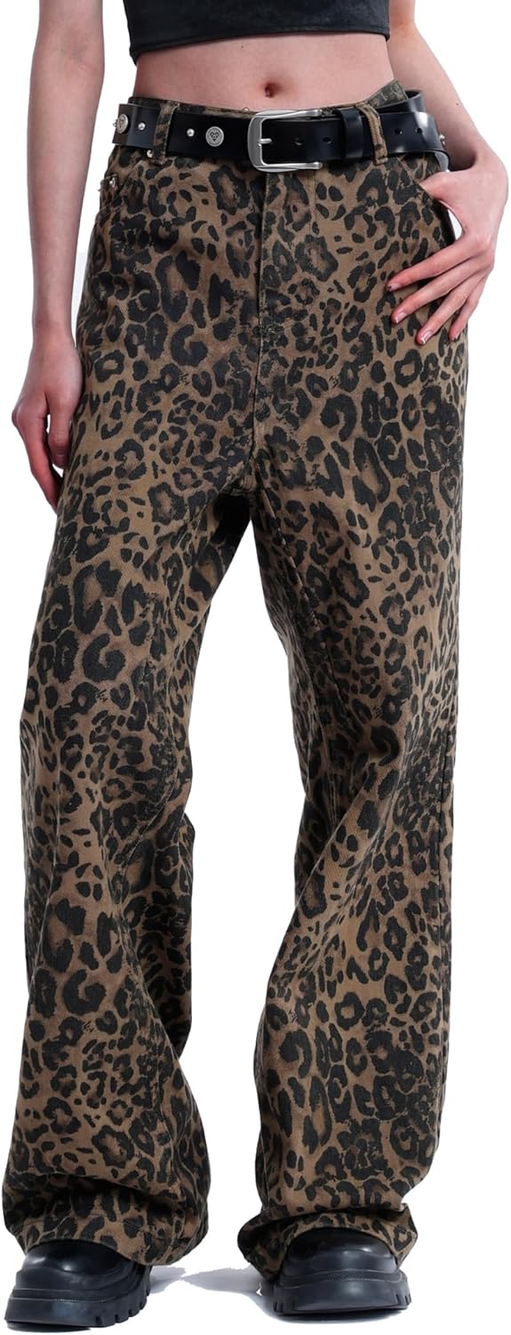 Vamtac Leopard Print Pants for Women Y2k Leopard Straight Leg Trousers Cropped Jeans Baggy Cheetah Pants Streetwear