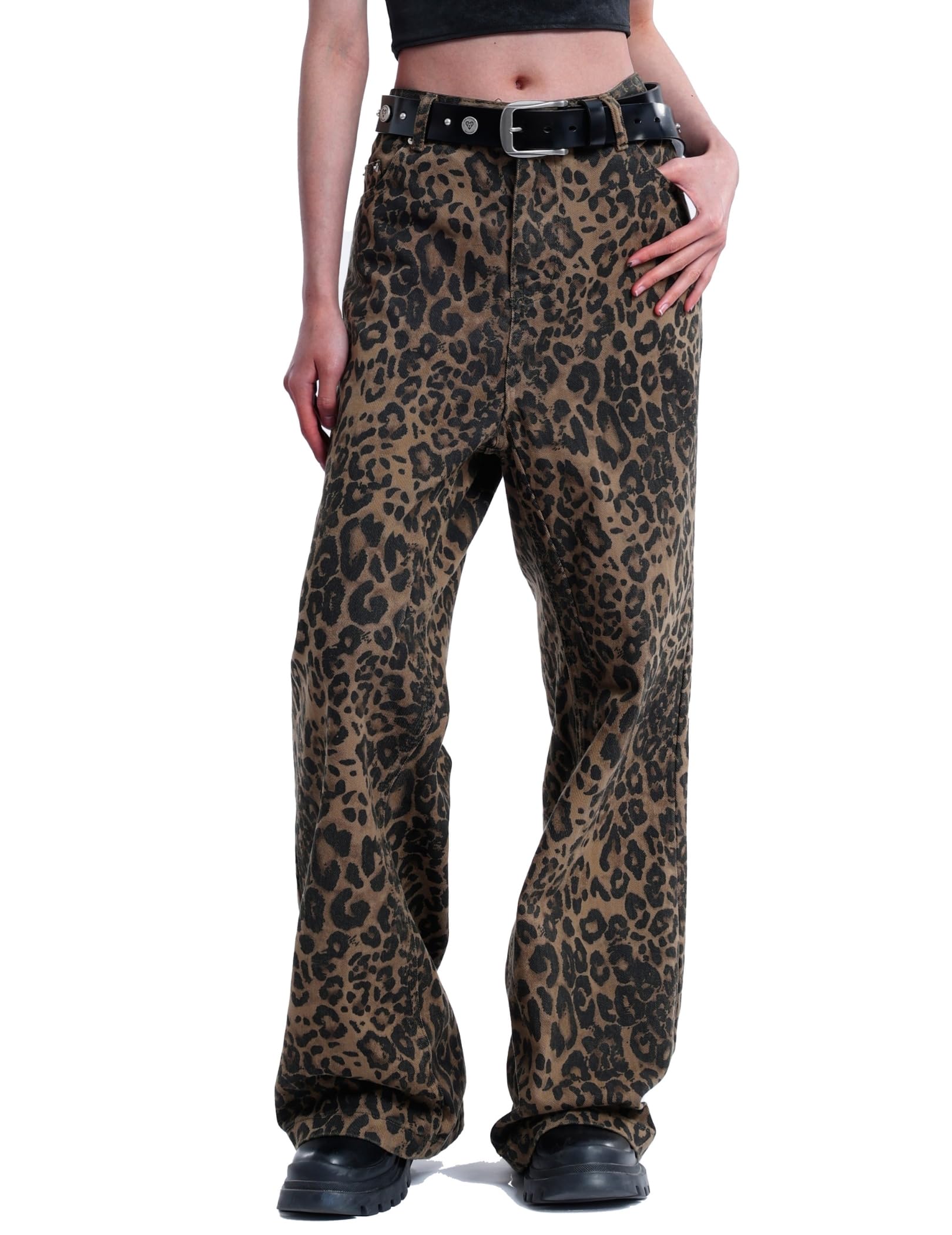 Vamtac Leopard Print Pants for Women Y2k Leopard Straight Leg Trousers Cropped Jeans Baggy Cheetah Pants Streetwear