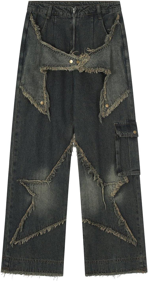 Vamtac Distressed Effect Patchwork Star Denim Jeans Baggy Harajuku Hip Hop Pants Streetwear Baggy Vintage Trousers
